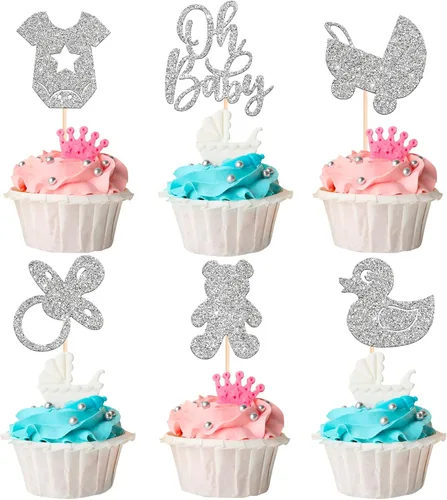 Vista 21 de 24 piezas Oh Baby Cupcake Toppers Glitter Baby Shower Cupcake Picks Reveal Género Decoración de Pasteles para Baby Shower Niños Niñas Fiesta de Azul