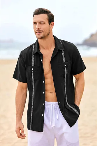 Vista 2 de Camisa de guayabera cubana para hombre, de algodón, lino, manga corta, informal, hippie, con botones, con bolsillo