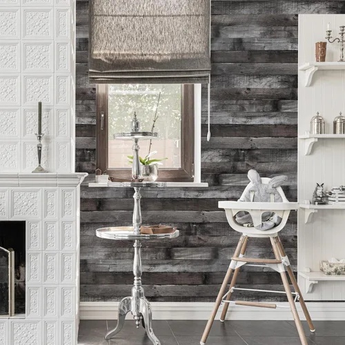 Vista 4 de Papel tapiz de madera vintage para despegar y pegar de 17.3"×80" gris/negro, papel de contacto de madera rústica, papel tapiz extraíble, papel
