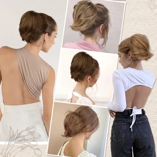 Vista 9 de BARSDAR Extensión de moño de cabello rubio cobre dorado oscuro liso + 2 piezas de cabello castaño medio marrón desordenado