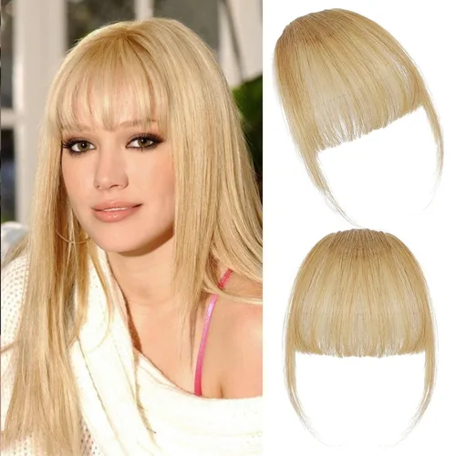 Vista 7 de ELEFOCUS Flequillo con clip, extensiones de cabello humano 100% real, flequillo falso francés 18#, clip de cabello en flequillo para mujeres, flecos