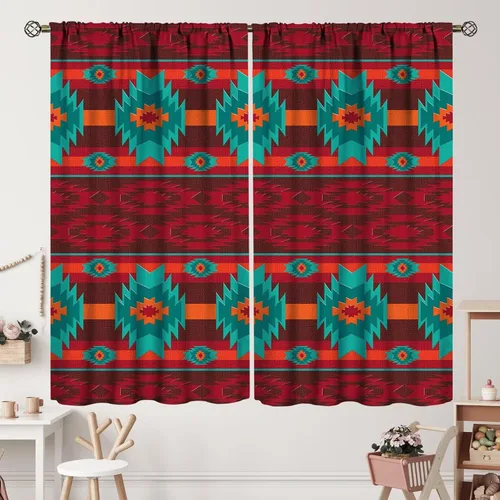 Vista 264 de Cortinas con patrón geométrico tribal, estilo suroeste, azteca, rústico, occidental, nativo americano, opacas, con bolsillo para barra, decoración