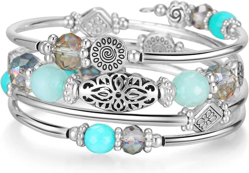 Vista 16 de FULU AUTUMN Pulseras apilables con cuentas para mujer, pulsera bohemia de plata envolvente, joyería de moda en capas, regalos para ella 17-negro