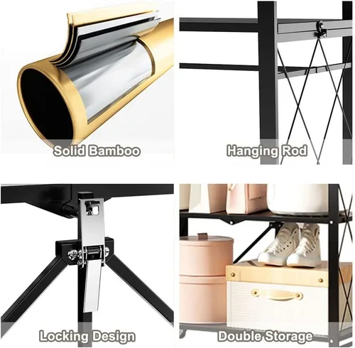 Vista 5 de Perchero resistente con ruedas, perchero de metal con estante de almacenamiento de 2 niveles, para colgar ropa, 28.0 x 13.0 x 61.4 in (negro)
