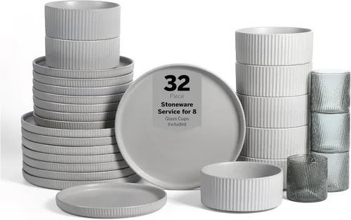 Vista 9 de Stone Lain Haven - Juego de 4 tazones de cerámica moderna, juego de platos para 4, esmaltado reactivo blanco arenoso