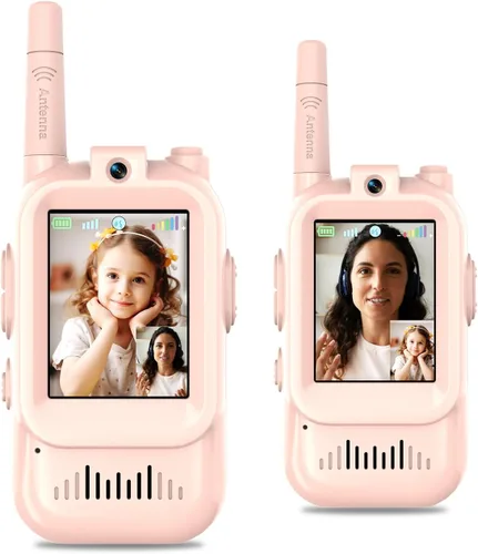 Vista 4 de Walkie Talkies de video para niños, paquete de 2 walkie talkies recargables para niños, largo alcance, ideal para juegos familiares, exteriores