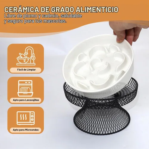 Vista 5 de Tazón de alimentación lenta elevado de cerámica para gatos, plato elevado con soporte, tazón lento para comida húmeda y seca, comedero para mascotas