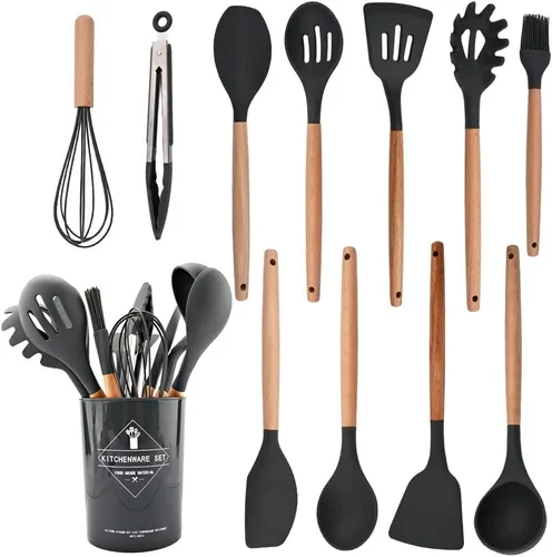 Vista 10 de Juego de utensilios de cocina de silicona negra con soporte de cubo de almacenamiento, mango de madera antiadherente, utensilios de cocina
