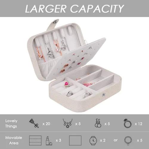 Vista 2 de XYMAO Joyeros portátiles de piel sintética para mujeres y niñas, organizador de joyas de viaje para collares, anillos y aretes (blanco brillante)