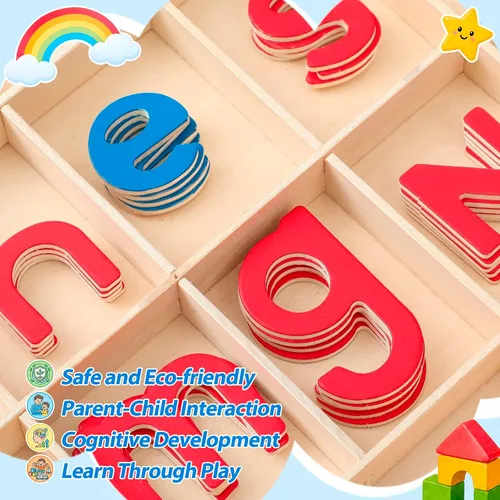 Vista 4 de Juexica Montessori Letters Movable Wood Alphabet with Box and Large Mat Small Wooden Alphabet Montessori Trays Preschool Spelling Learning Language