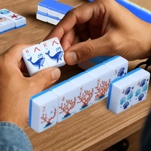 Vista 6 de Simgoing Juego de 160 piezas de azulejos de Mahjong americano, tema del océano azul 2026, juego de cartas Mahjong azul, regalo portátil para amantes