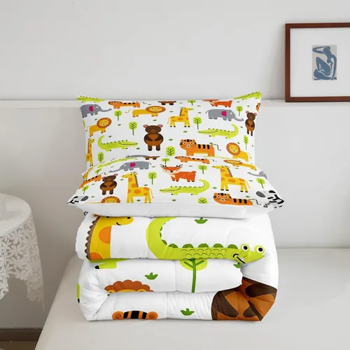 Vista 6 de Erosebridal Juego de ropa de cama individual de animales del zoológico para niños, lindo juego de edredón de animales salvajes de dibujos animados