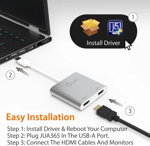 Vista 6 de j5create Adaptador USB a HDMI – Cable dual HDMI USB 3.0 para varios monitores 4K + 1080p Compatible con Windows y macOS (JUA365)
