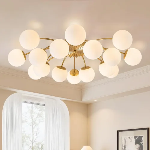 Vista 16 de Longree Sputnik - Lámpara de techo semiempotrada con forma de globo de vidrio de leche de 6 luces, color dorado, arte de mediados de siglo, moderna
