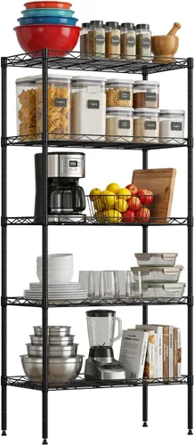 Vista 29 de FDW Estante de metal ajustable de 5 niveles con ruedas, capacidad de 250 libras, fácil montaje, ideal para espacios pequeños Negro