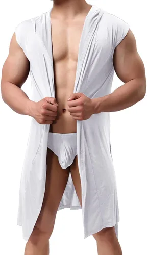 Vista 11 de Bata de satén para hombre, sexy, de seda, con capucha, cómoda pijama, ligera, kimono, ropa de dormir, spa, ropa de descanso, camisón