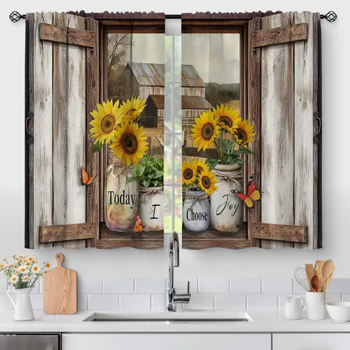 Vista 18 de Aimego - Cortinas de cocina con plantas rústicas y flores de primavera, botánicas, con hojas verdes, cortas, para cafetería, baño, con bolsillo