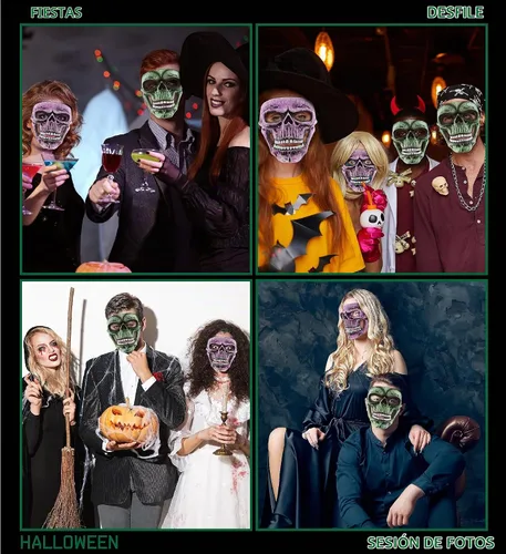 Vista 4 de Máscara de esqueleto, disfraz de calavera Steampunk, accesorio de disfraz de cara completa para Halloween, fiestas y eventos de terror Verde