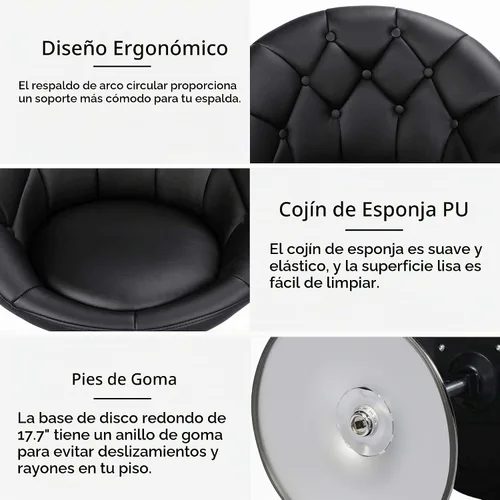 Vista 8 de Yaheetech Silla contemporánea con respaldo tapizado redondo, altura ajustable, giratoria, moderna, para tocador, negra Negro