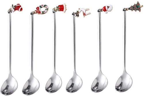 Vista 10 de AKOAK 6 unids/set de cuchara de acero inoxidable de Navidad Set creativo café chapado en oro, cuchara de postre cuchara mezcladora de cocina casera
