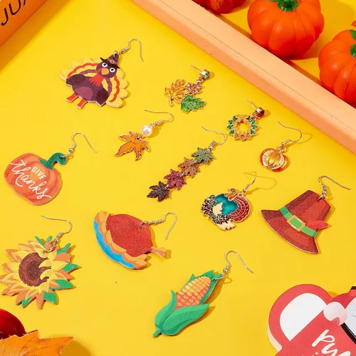Vista 7 de 12 pares de aretes de Acción de Gracias a granel para otoño, calabaza, pavo, aretes colgantes para Acción de Gracias, otoño, joyería para mujeres