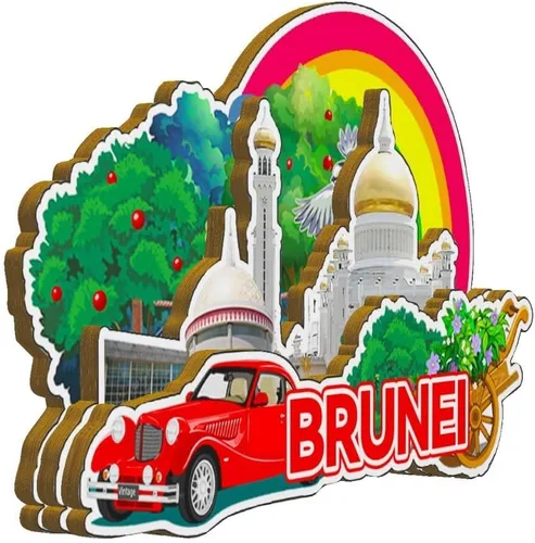 Vista 2 de Imán de Brunei Brunei para nevera de madera 3D, monumentos de viaje, coleccionables, recuerdos, decoración hecha a mano -3108