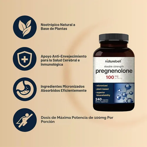 Vista 3 de NatureBell Pregnenolone 100 mg, 240 cápsulas 99% de pureza, grado micronizado para una mayor absorción, a base de plantas, precursor natural