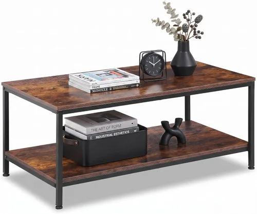 Vista 16 de SUPER DEAL - Mesa de café industrial de 2 niveles con estante de almacenamiento para apartamento pequeño, sala de estar, mesa auxiliar rectangular