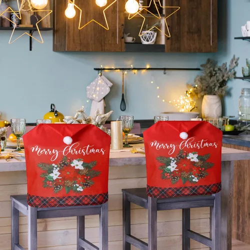 Vista 6 de 6 fundas para sillas de Navidad, con sombrero de Papá Noel, color rojo, fundas para el respaldo de las sillas, decoración para el hogar, cena