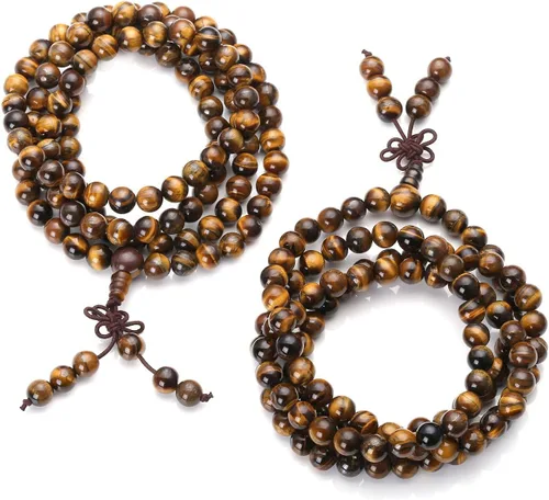 Vista 6 de Jovivi Collar tibetano de 0.236 in 0.315 in, 108 cuentas de piedras preciosas naturales de ojo de tigre de oración Mala