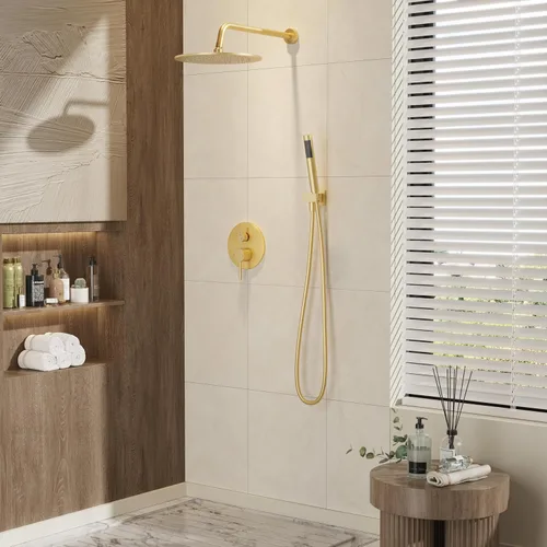 Vista 2 de Gabrylly Sistema de ducha de oro cepillado con válvula áspera, cabezal de ducha de lluvia de alta presión montado en la pared de 10 pulgadas