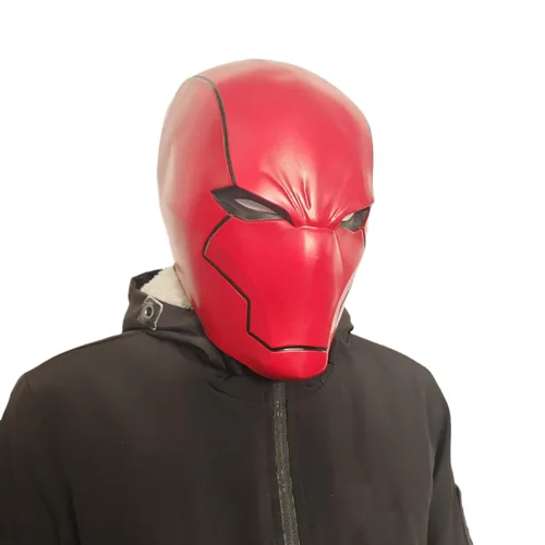 Vista 4 de Máscara de cabeza completa de látex rojo, casco de cosplay de ojos de malla