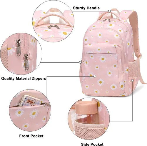 Vista 3 de LEDAOU Mochila escolar para adolescentes, niños y niñas, mochila escolar, mochila de viaje, casual, Margarita Blanca Rosa, Moderno
