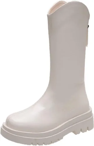 Vista 4 de Botas de pantorrilla ancha para mujer, suela gruesa de trabajo vaquera con cremallera trasera, estilo británico