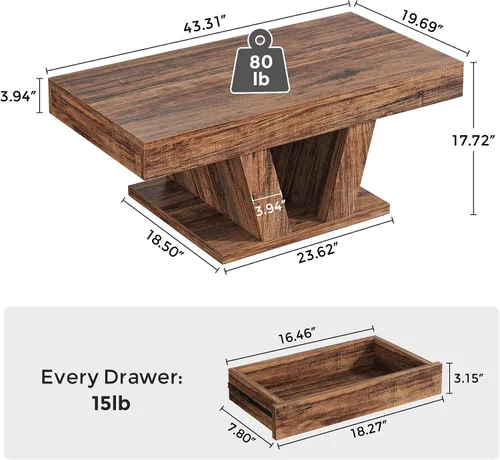 Vista 2 de Mesa de centro Farmhouse de 43 pulgadas con almacenamiento, color marrón Wood Center Tea Table with Hidden Storage, Rectangle Cocktail Table for