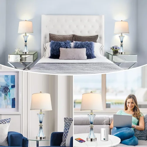 Vista 4 de Hamucd Juego de 2 lámparas de mesa táctiles regulables de 3 vías de vidrio para dormitorios con 2 puertos USB lámparas de noche costeras de playa