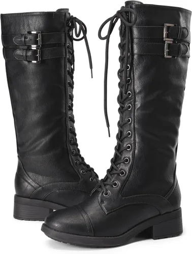 Vista 4 de DREAM PAIRS - Botas de poliuretano a la rodilla para mujer, estilo de equitación o combate