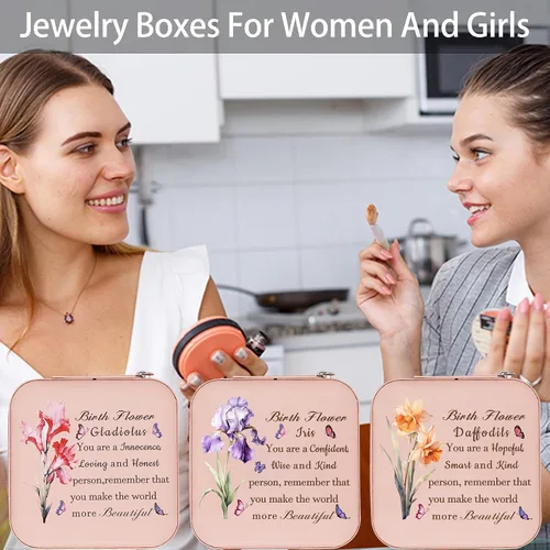 Vista 4 de Joyero de viaje para mujeres y niñas, joyero pequeño con flor de nacimiento, regalos de cumpleaños para hija, nieta, joyero de viaje con espejo