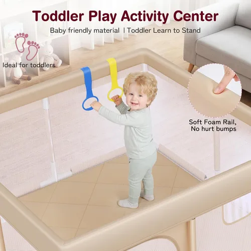 Vista 6 de Kidirect Corralito para bebés 47x47, beige, patio de juegos integrado con Beige-47" X 47