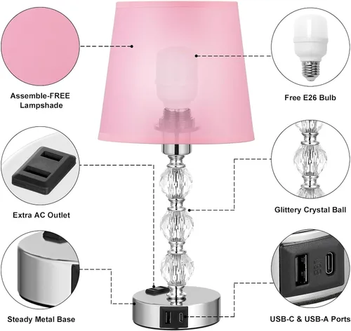 Vista 7 de Juego de 2 lámparas de mesa de cristal para dormitorio/sala de estar, 14.6 pulgadas (rosa)