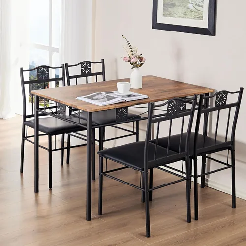 Vista 2 de VECELO juegos de mesa de comedor para cocina para 4, juego de 5 piezas de madera rectangular para desayunador, comedor con sillas acolchadas de PU