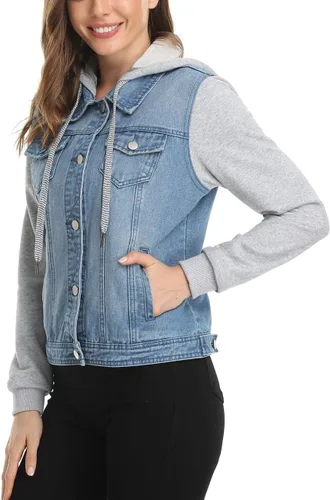 Vista 3 de MISS MOLY Chaqueta de mezclilla con capucha para mujer, con cordón en capas, de manga larga, con 2 bolsillos
