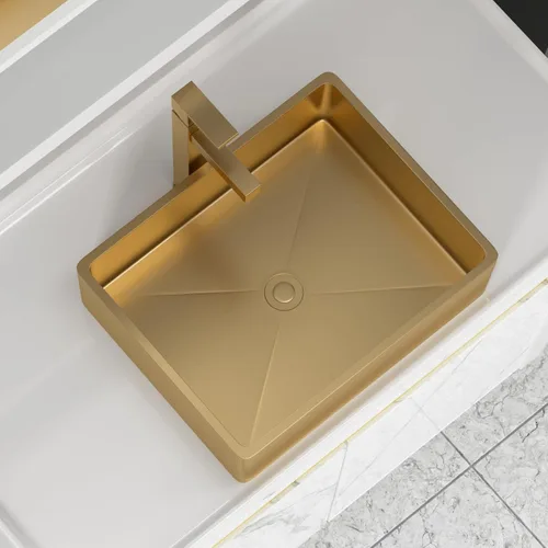 Vista 8 de Fregadero de recipiente blanco redondo - Fulorni 33x33 cm Lavabo de baño de cerámica de porcelana con borde dorado sobre encimera, fregadero