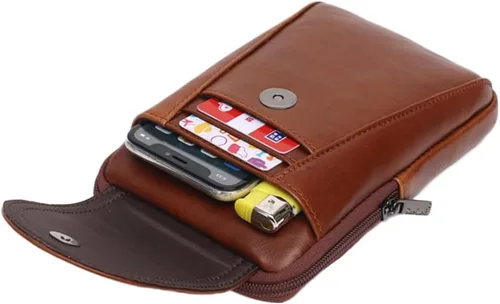 Vista 3 de Cinturón de cuero genuino para la cintura, bolsa cruzada simple para teléfono inteligente, bolsa de mensajero vintage pequeña para hombre