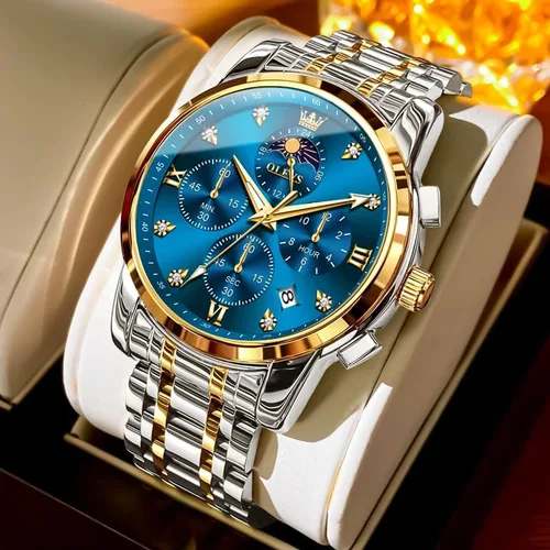 Vista 7 de OLEVS Watch for Men Diamond Business Dress Analog Quartz Stainless Steel Waterproof Luminous Date Two Tone Luxury Casual Wrist Watch Blue