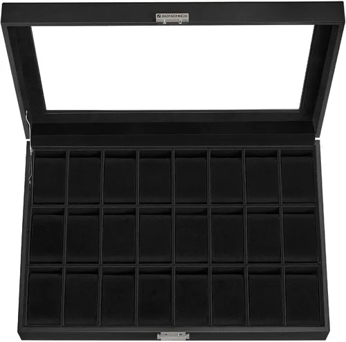 Vista 8 de SONGMICS Caja de reloj, vitrina vertical de 6 ranuras, chapa de madera Marrón café