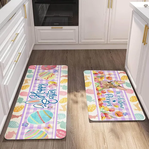 Vista 7 de Tapetes de cocina de Pascua, juego de 2, color rosa y azul, patrón de animales, antideslizantes y reductores de viaje, 17 x 29 y 17 x 47 pulgadas