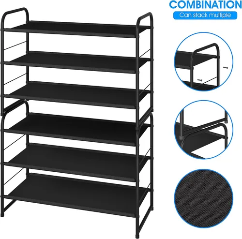 Vista 4 de Simple Trending - Zapatero apilable de 3 niveles, organizador de tela expandible y ajustable, zapatero para almacenamiento, negro