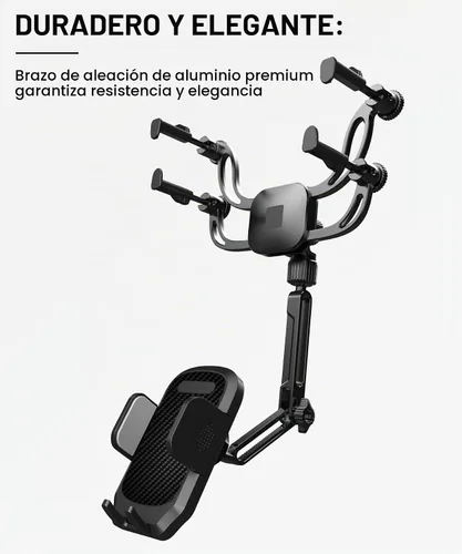 Vista 6 de Soporte para teléfono con espejo retrovisor – Soporte de teléfono de coche con brazo de metal sólido, ajuste universal para iPhone y Android, clip