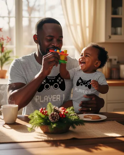 Vista 4 de Tstars Player 1 & Player 2 - Conjuntos a juego para papá y bebé Divertido juego de camiseta de jugador para el día del padre y nuevos papás